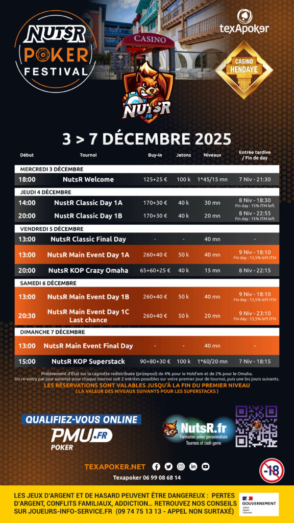 Programmation des tournois de poker au casino d'hendaye décembre 2025