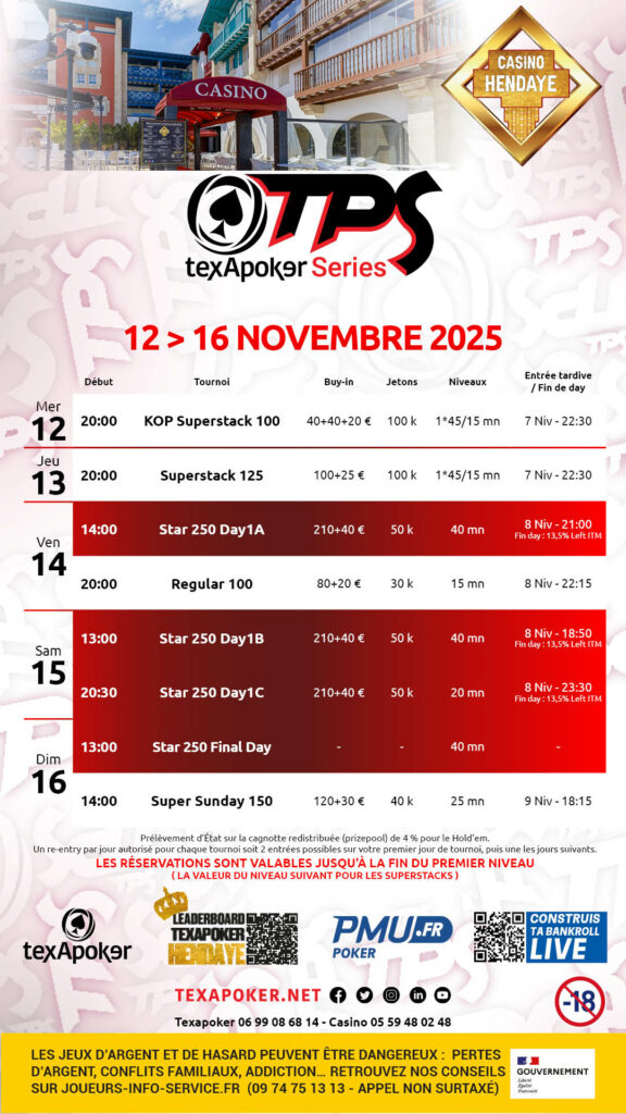Tournois de Poker de Novembre du casino d'Hendaye - programmation