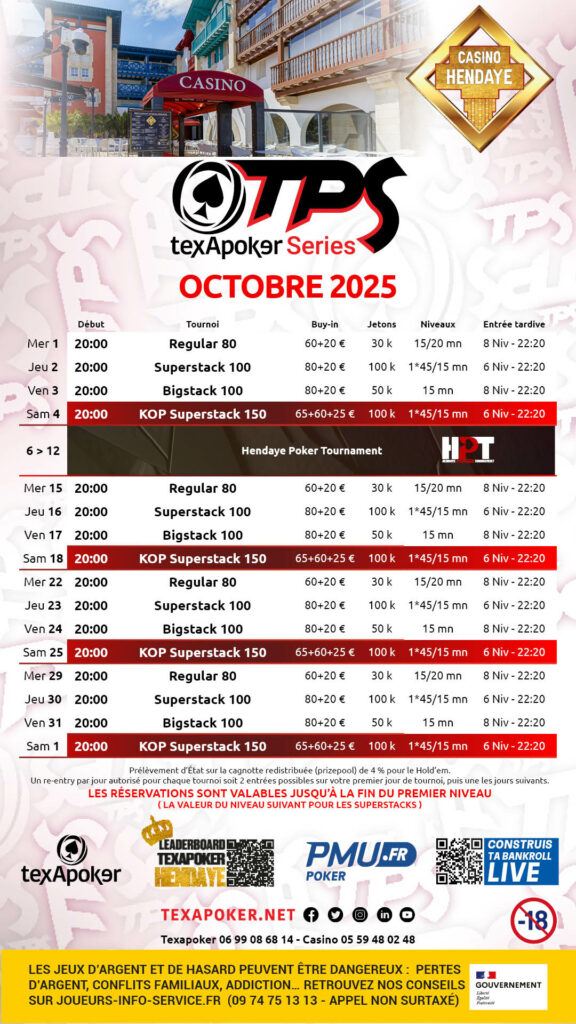 Tournois de Poker du casino d'Hendaye - programmation du mois d'octobre